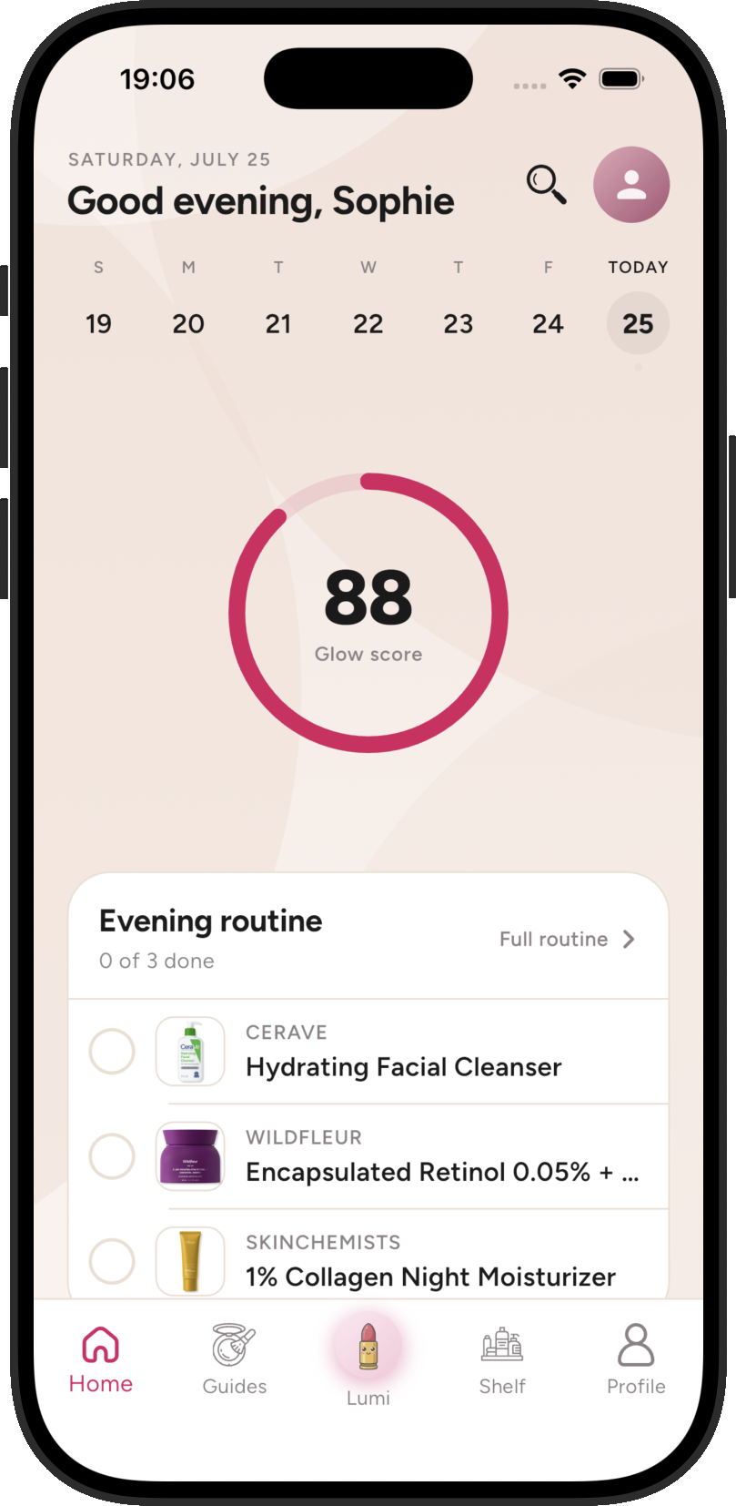 Lumi home screen with glow score and routine